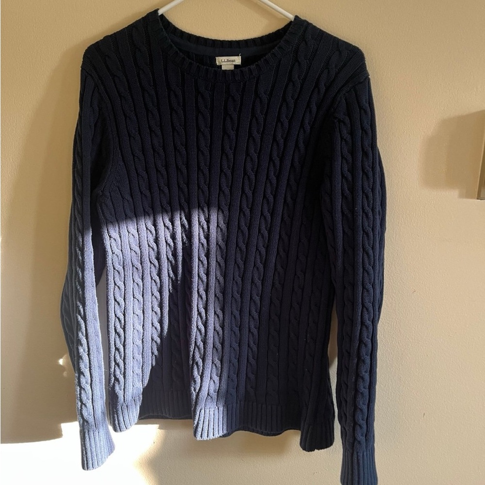 Women’s LL Bean Navy Cable Knit Sweater Size L 100% Cotton